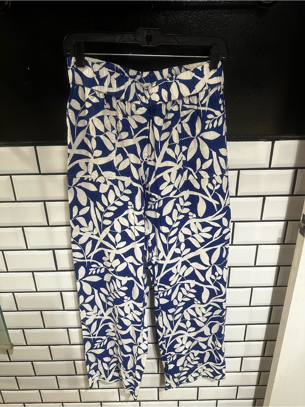 Blue & White Leaf Print Linen Pants
